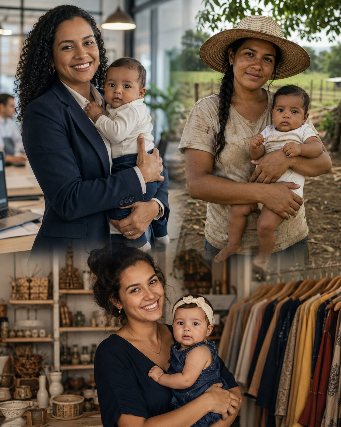 Mães de diferentes profissões com seus bebês